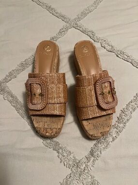 Sam and Libby Woven Buckle Slide Sandals in Light Brown